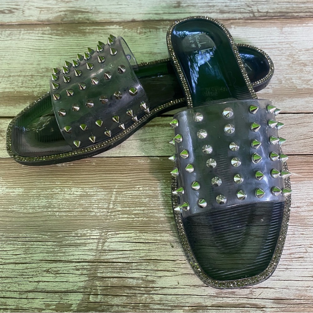 Nicole Miller clear jelly slide sandals with spikes rhinestones womens size 8